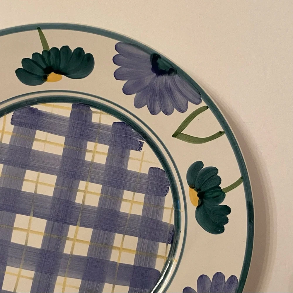 CALECA ARIOSO FLORAL PLAID LUNCHEON PLATE BLUE WHITE YELLOW HAND PAINTED ITALY